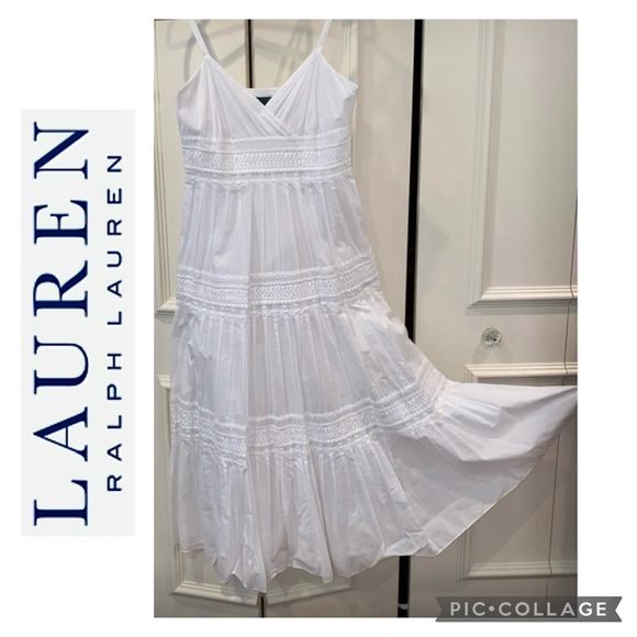 Lauren Ralph Lauren Dresses & Skirts - Lauren by Ralph Lauren V-Neck White Cotton Pleated Ruffle Accents Maxi Dress